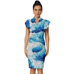 Abstract Blue Ocean Wave Ii Vintage Frill Sleeve V-neck Bodycon Dress