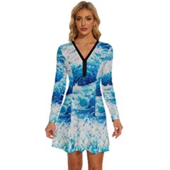 Abstract Blue Ocean Wave Ii Long Sleeve Deep V Mini Dress 