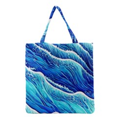 Blue Ocean Wave Watercolor Grocery Tote Bag by GardenOfOphir