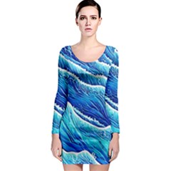 Blue Ocean Wave Watercolor Long Sleeve Bodycon Dress by GardenOfOphir