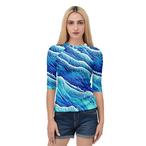 Blue Ocean Wave Watercolor Quarter Sleeve Raglan Tee by GardenOfOphir