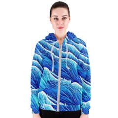 Blue Ocean Wave Watercolor Women s Zipper Hoodie