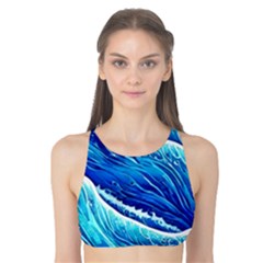 Blue Ocean Wave Watercolor Tank Bikini Top by GardenOfOphir