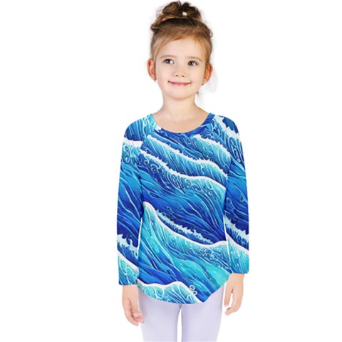 Blue Ocean Wave Watercolor Kids  Long Sleeve Tee by GardenOfOphir