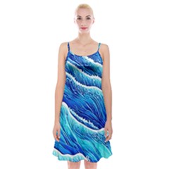 Blue Ocean Wave Watercolor Spaghetti Strap Velvet Dress by GardenOfOphir