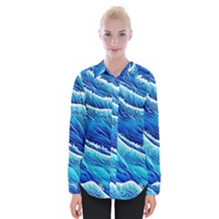 Blue Ocean Wave Watercolor Womens Long Sleeve Shirt