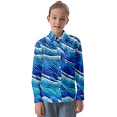 Blue Ocean Wave Watercolor Kids  Long Sleeve Shirt by GardenOfOphir