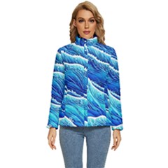 Blue Ocean Wave Watercolor Women s Puffer Bubble Jacket Coat by GardenOfOphir