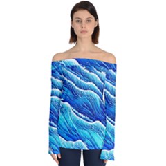 Blue Ocean Wave Watercolor Off Shoulder Long Sleeve Top by GardenOfOphir