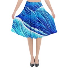 Blue Ocean Wave Watercolor Flared Midi Skirt by GardenOfOphir