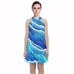 Blue Ocean Wave Watercolor Velvet Halter Neckline Dress  by GardenOfOphir