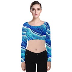 Blue Ocean Wave Watercolor Velvet Long Sleeve Crop Top by GardenOfOphir