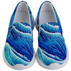 Blue Ocean Wave Watercolor Kids Lightweight Slip Ons by GardenOfOphir