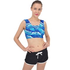 Blue Ocean Wave Watercolor V-back Sports Bra by GardenOfOphir