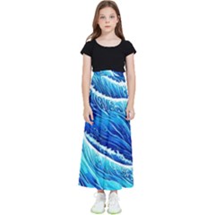 Blue Ocean Wave Watercolor Kids  Flared Maxi Skirt by GardenOfOphir