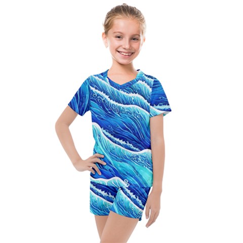 Blue Ocean Wave Watercolor Kids  Mesh Tee And Shorts Set by GardenOfOphir