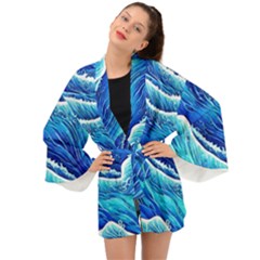 Blue Ocean Wave Watercolor Long Sleeve Kimono by GardenOfOphir