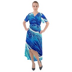 Blue Ocean Wave Watercolor Front Wrap High Low Dress by GardenOfOphir