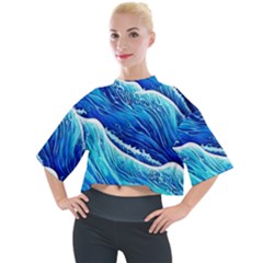 Blue Ocean Wave Watercolor Mock Neck Tee by GardenOfOphir