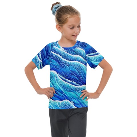 Blue Ocean Wave Watercolor Kids  Mesh Piece Tee by GardenOfOphir