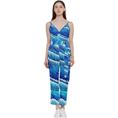 Blue Ocean Wave Watercolor V-neck Spaghetti Strap Tie Front Jumpsuit by GardenOfOphir