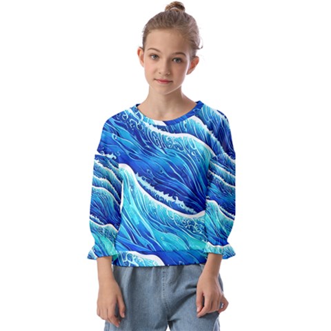 Blue Ocean Wave Watercolor Kids  Cuff Sleeve Top by GardenOfOphir