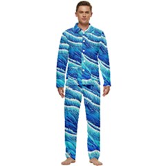 Blue Ocean Wave Watercolor Men s Long Sleeve Velvet Pocket Pajamas Set by GardenOfOphir