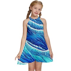 Blue Ocean Wave Watercolor Kids  Halter Collar Waist Tie Chiffon Dress by GardenOfOphir