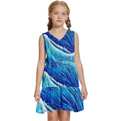 Blue Ocean Wave Watercolor Kids  Sleeveless Tiered Mini Dress by GardenOfOphir