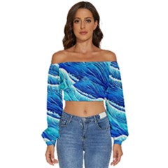 Blue Ocean Wave Watercolor Long Sleeve Crinkled Weave Crop Top