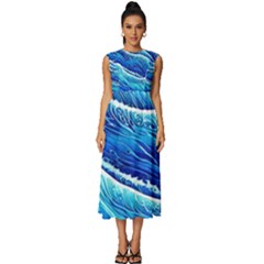 Blue Ocean Wave Watercolor Sleeveless Round Neck Midi Dress by GardenOfOphir