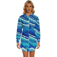 Blue Ocean Wave Watercolor Womens Long Sleeve Shirt Dress