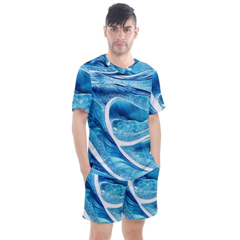 Blue Wave Men s Mesh Tee And Shorts Set by GardenOfOphir