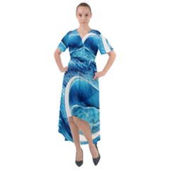 Blue Wave Front Wrap High Low Dress by GardenOfOphir