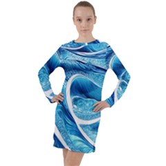 Blue Wave Long Sleeve Hoodie Dress by GardenOfOphir