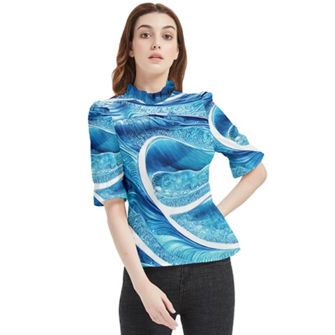 Blue Wave Frill Neck Blouse by GardenOfOphir