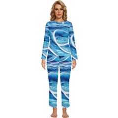 Blue Wave Womens  Long Sleeve Lightweight Pajamas Set by GardenOfOphir