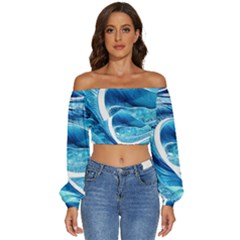 Blue Wave Long Sleeve Crinkled Weave Crop Top