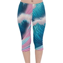 Pink Sea Water Velvet Capri Leggings  by GardenOfOphir