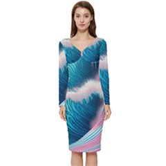 Pink Sea Water Long Sleeve V-neck Bodycon Dress  by GardenOfOphir