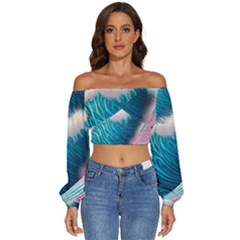 Pink Sea Water Long Sleeve Crinkled Weave Crop Top