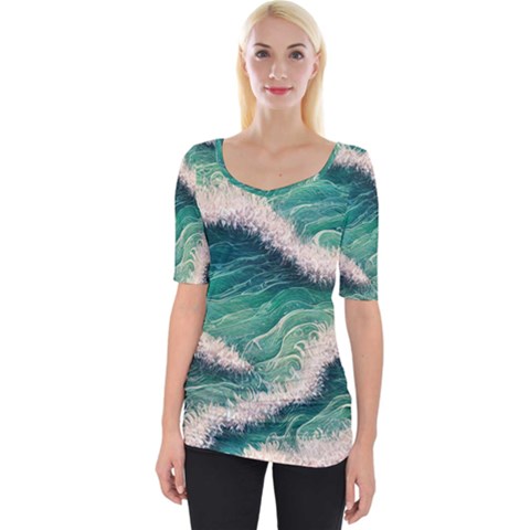 Blue Wave Pattern Wide Neckline Tee by GardenOfOphir