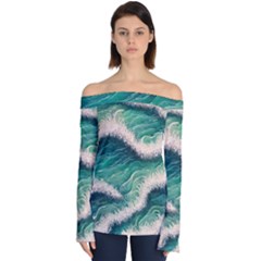 Blue Wave Pattern Off Shoulder Long Sleeve Top by GardenOfOphir