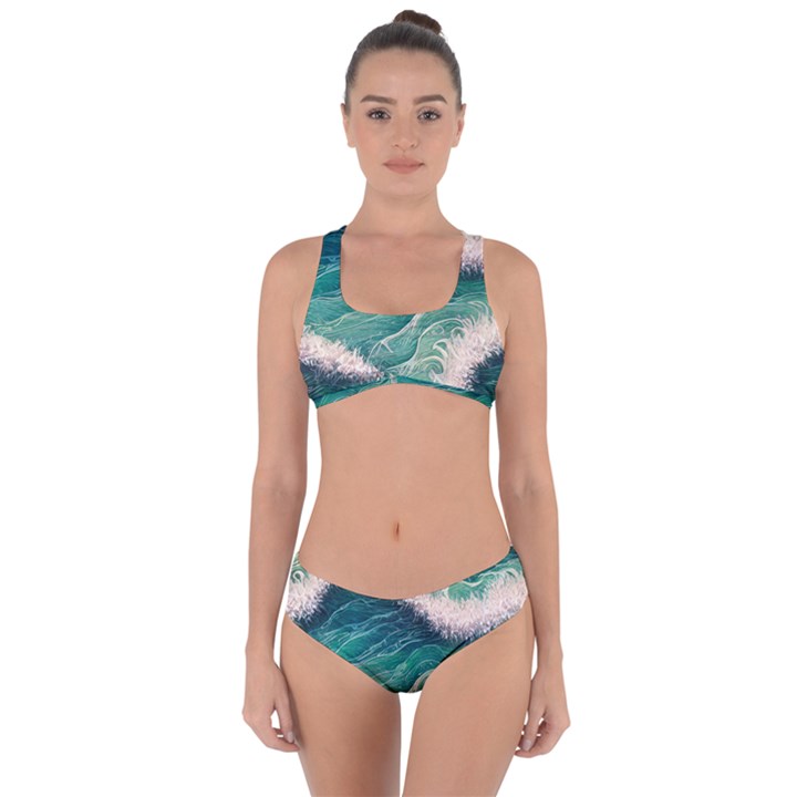 Blue Wave Pattern Criss Cross Bikini Set