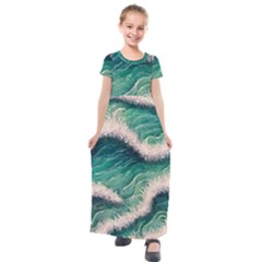 Blue Wave Pattern Kids  Short Sleeve Maxi Dress by GardenOfOphir