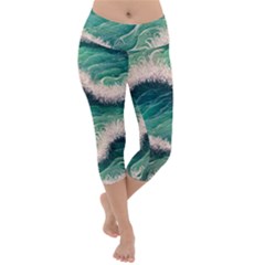 Blue Wave Pattern Lightweight Velour Capri Yoga Leggings by GardenOfOphir