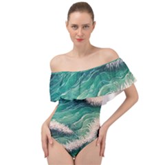 Blue Wave Pattern Off Shoulder Velour Bodysuit  by GardenOfOphir