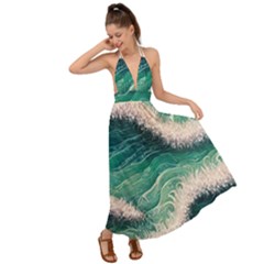 Blue Wave Pattern Backless Maxi Beach Dress by GardenOfOphir