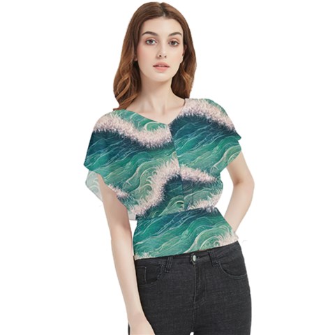 Blue Wave Pattern Butterfly Chiffon Blouse by GardenOfOphir