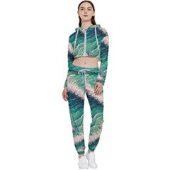 Blue Wave Pattern Cropped Zip Up Lounge Set by GardenOfOphir